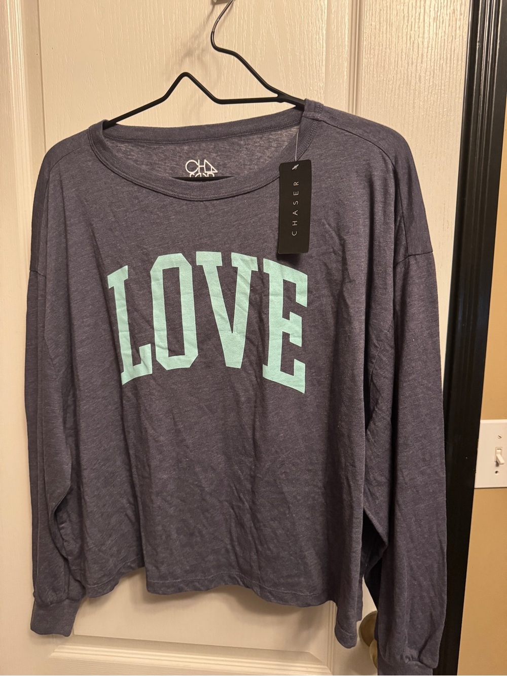 Chaser Navy Long Sleeve Pullover with Mint 'LOVE' Print  - Anthropologie